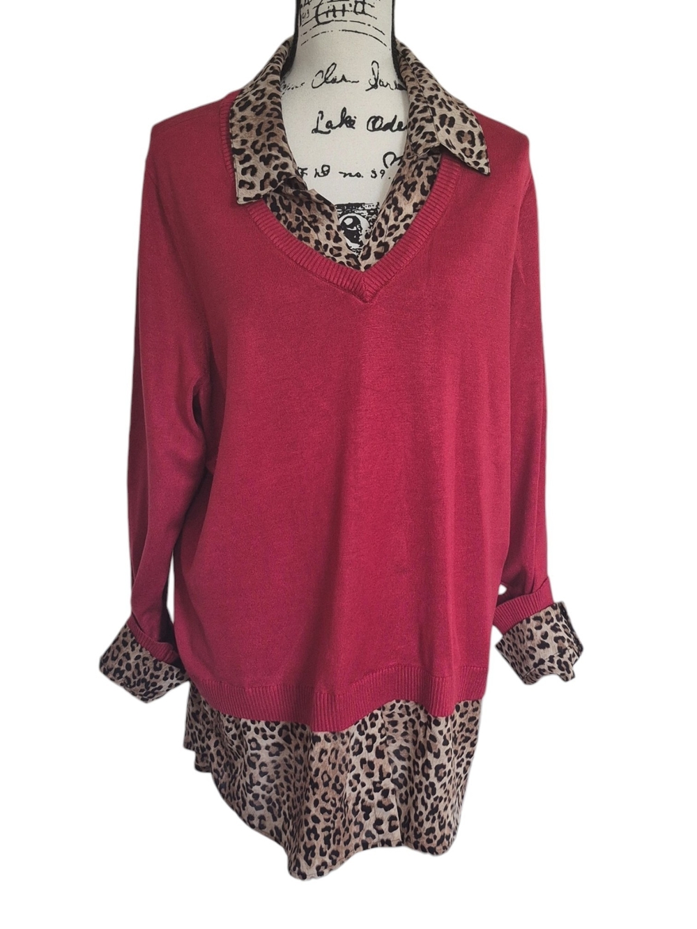 Twofer Sweater 1X Burgundy Leopard Layered Tunic V Neck Mobwife Maximalist Fall